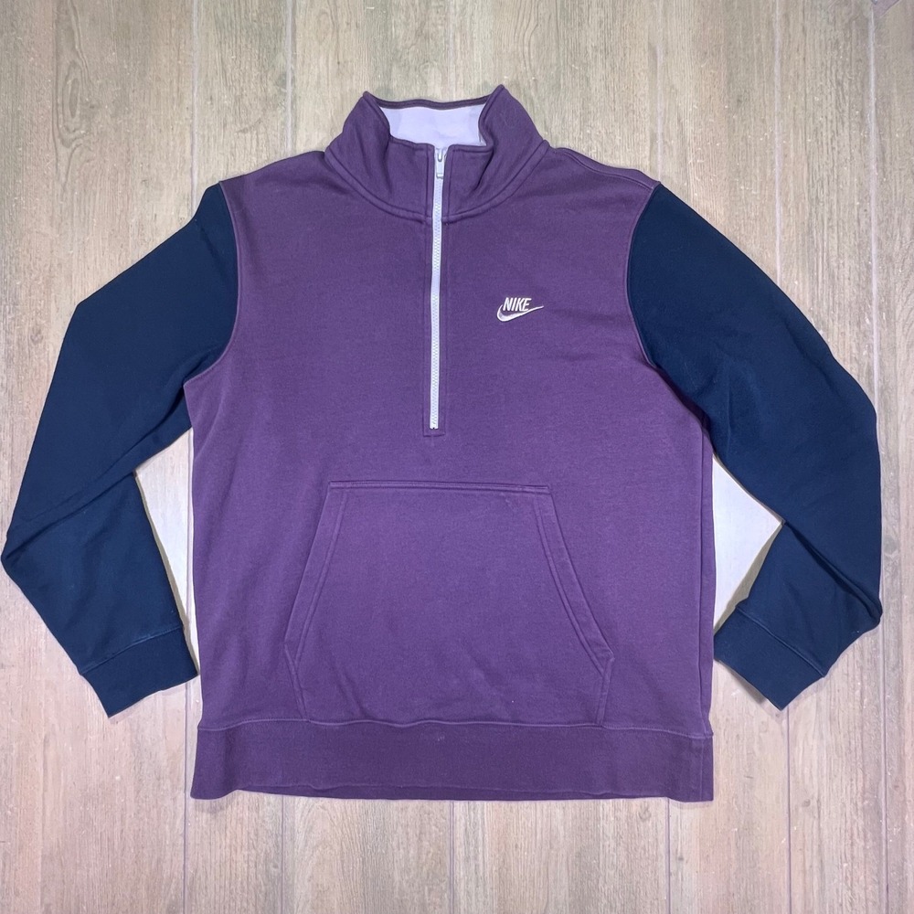 Nike‎ Mens Club Fleece size Lg Quarter Zip Colorblock Pullover Plum Navy retro